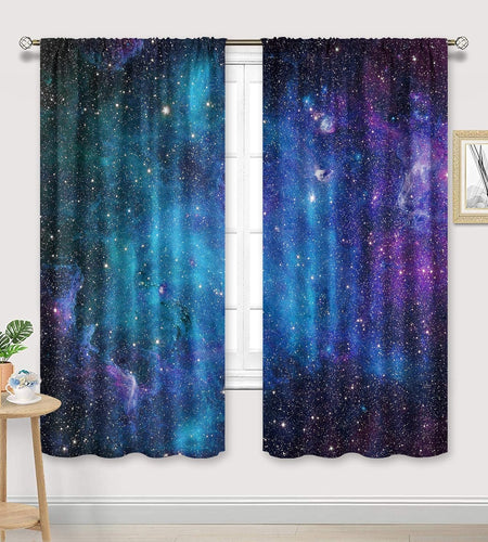 Kids Galaxy Outer Space Nebula Curtains 42W X 63L Inch Rod Pocket Blue Universe Planets Boys Girls Constellation Fantasy Starry Cosmic Trippy Bedroom Living Room Window Drapes Fabric 2 Panels