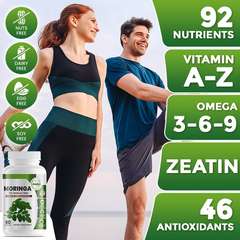 Pure Moringa Oleifera Leaf Extract Capsules, 1000 Mg per Serving. Gluten Free, NON GMO, Vegan Antioxidant Capsules. Natural Energy, Mood, Memory and Focus Enhancer. Premium Green Superfood (Pack of 3)